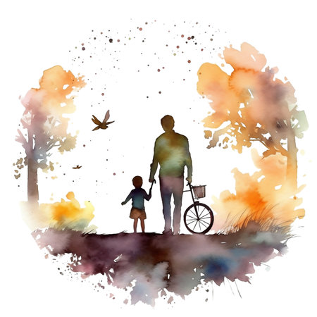 Father and son walking in the park. Watercolor hand painted illustrationの素材