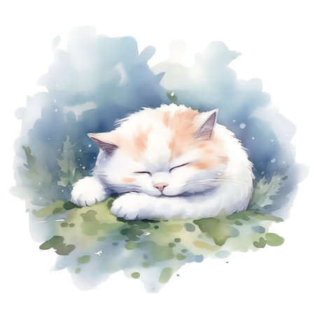 Cute cat sleeping on grass. Watercolor hand drawn illustration.の素材