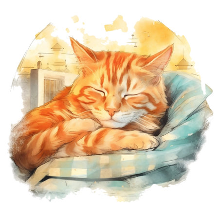 Cute ginger cat sleeping on a pillow. Watercolor illustration.の素材