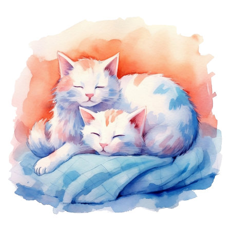 Watercolor illustration of a pair of white cats lying on a bedの素材