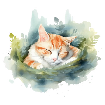 Watercolor illustration of a cat sleeping in the grass, hand drawn isolated on a white backgroundの素材