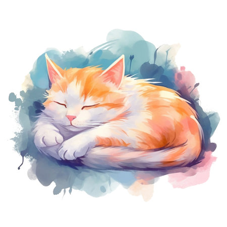 Cute ginger cat sleeping on watercolor background Vector illustration.の素材