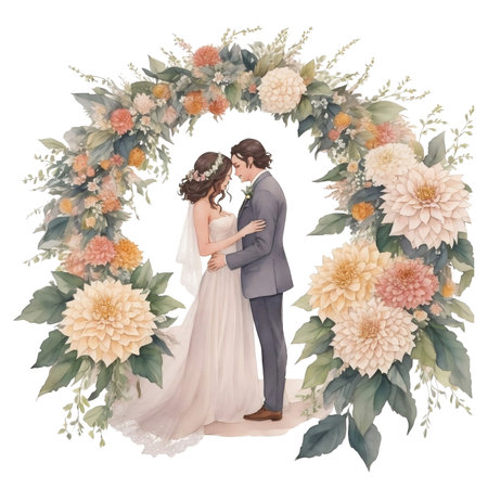 Wedding couple in a wreath of flowers, isolated on white backgroundの素材