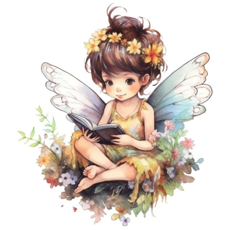 Beautiful watercolor illustration of a cute fairy with a book.の素材