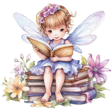Cute little fairy sitting on a pile of books. Watercolor illustration.の素材