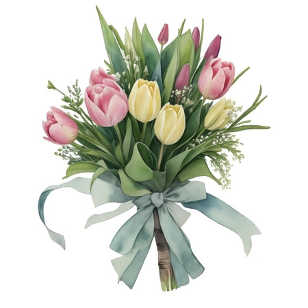 A bouquet of tulips is isolated on a white background. Watercolor illustration.の素材