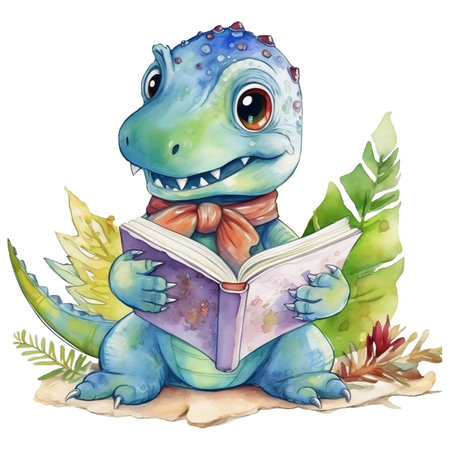 cartoon dinosaur with book on white background - isolated illustration for childrenの素材