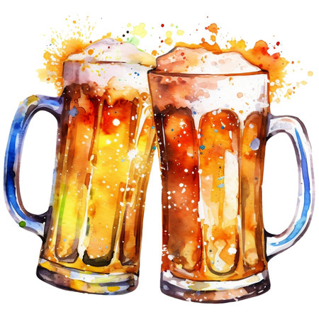 Two mugs of beer with watercolor splashes Vector illustration.の素材