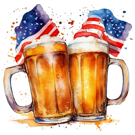 Two mugs of beer with American flag. Watercolor hand drawn illustrationの素材