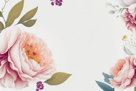 Floral background with peony flowers and leaves. Flat lay, top view.の素材