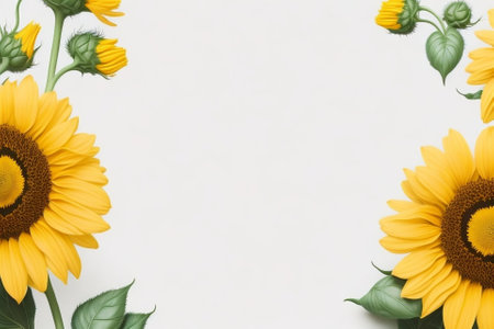Top view of yellow sunflowers on white background with copy spaceの素材