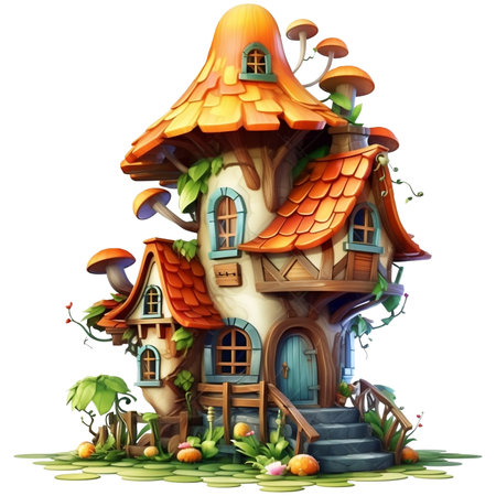 Illustration of a fairy-tale house on a tree with a lot of flowersの素材