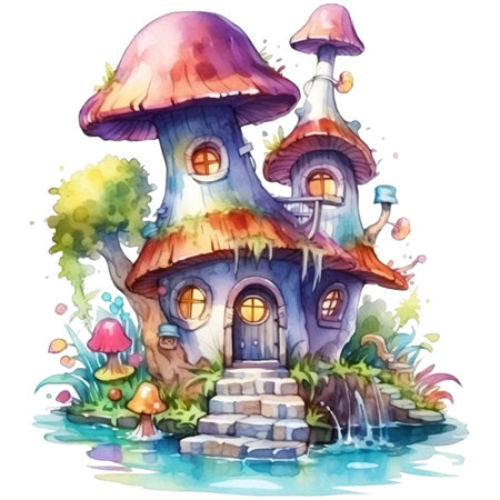 Illustration of a fairy-tale house on a tree with a lot of flowersの素材