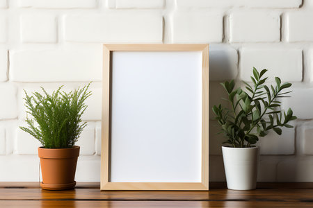 Blank picture frame mockup with green plant on wooden table.の素材