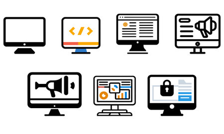 Computer screen, computer monitor, laptop, mouse, megaphone, outline file, Vector illustrationのイラスト素材