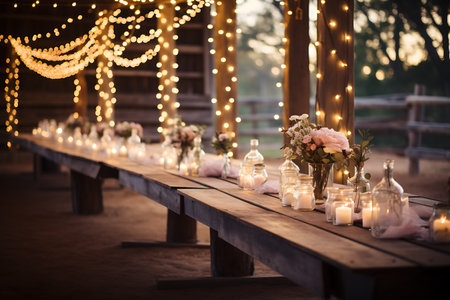 A wedding table decorated with candles and flowers in a restaurant.の素材