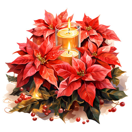 Christmas decoration with poinsettias and burning candles Watercolor illustration.の素材