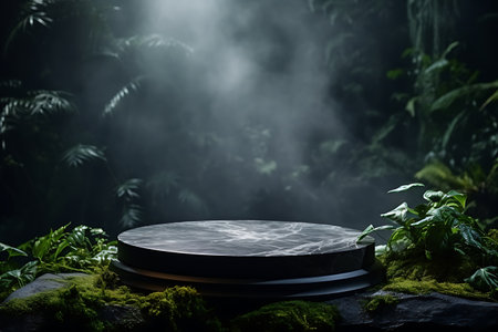 A round podium with smoke on a rainforest backdrop, can be used for display or montage your productsの素材