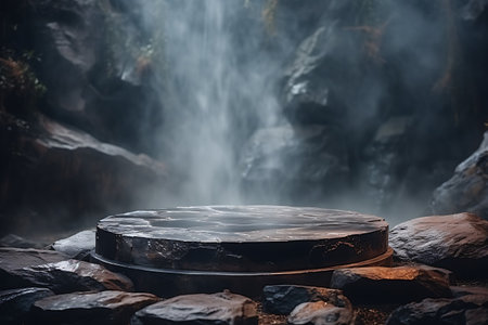 A round podium with smoke on a rainforest backdrop, can be used for display or montage your productsの素材