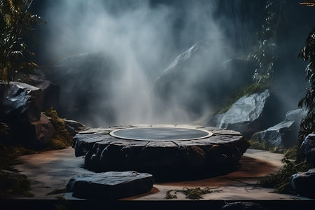 A round podium with smoke on a rainforest backdrop, can be used for display or montage your productsの素材