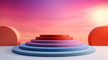 a stair-step podium set against a vibrant gradient backdrop. 3d renderの素材