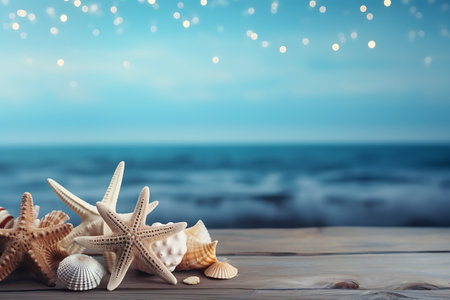 Seashells and starfish on a wooden table with sea backgroundの素材