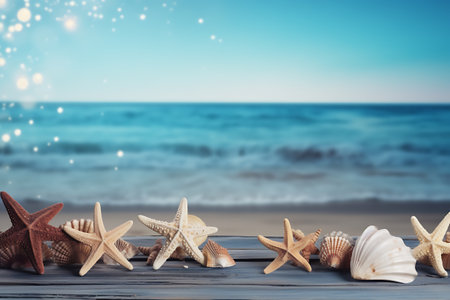 Starfish and seashells on wooden table against blue sea and skyの素材