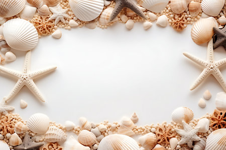 Frame of seashells and starfish on white background, top viewの素材