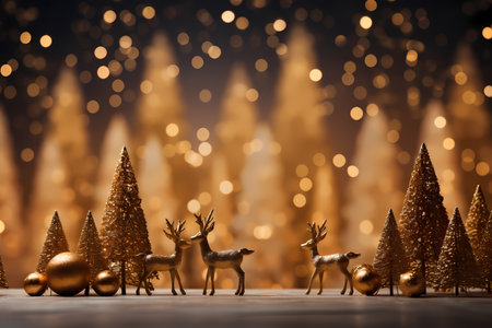 Christmas and New Year background with golden bokeh lights and reindeerの素材
