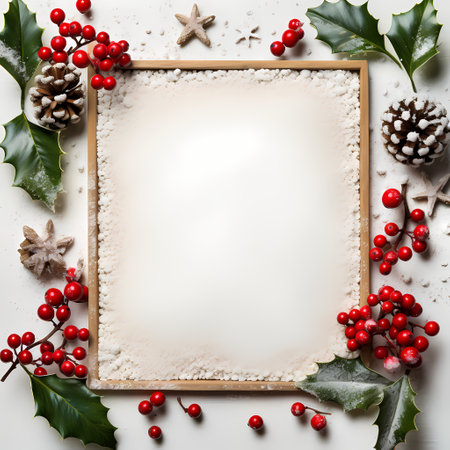 Christmas background with holly berries and snowflakes Copy spaceの素材