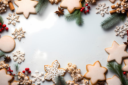 Christmas cookies and decorations on a white background Top view with copy spaceの素材
