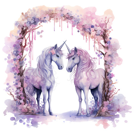 Unicorns with a floral archway Watercolor Clipart Sublimationの素材