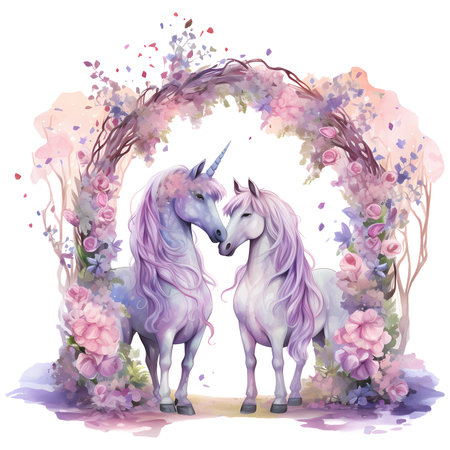 Unicorns with a floral archway Watercolor Clipart Sublimationの素材