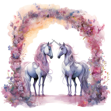 Unicorns with a floral archway Watercolor Clipart Sublimationの素材