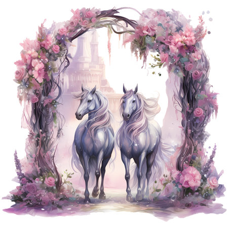 Unicorns with a floral archway Watercolor Clipart Sublimationの素材