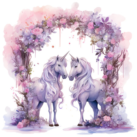 Unicorns with a floral archway Watercolor Clipart Sublimationの素材