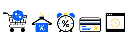 Black Friday icon set, Online shopping on a laptop promoted sales at discounted symbol conceptのイラスト素材