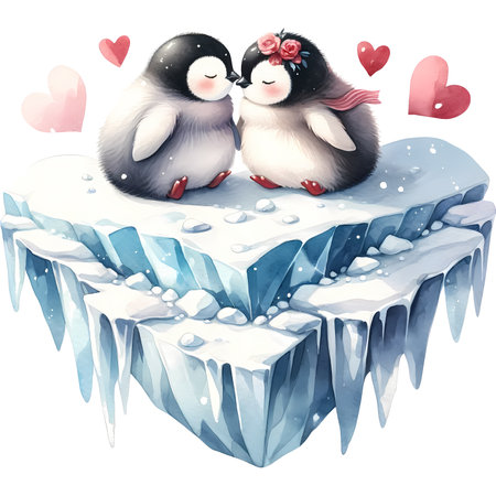 Two cute penguins in love sitting on a piece of ice.の素材