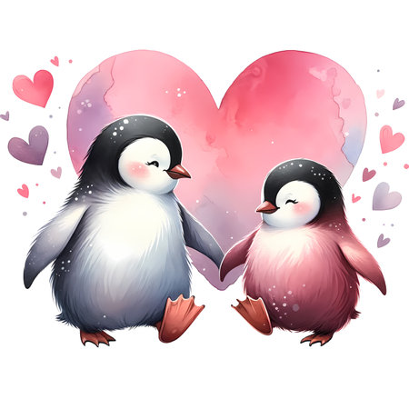 Two penguins in love on a background of hearts. Vector illustration.の素材
