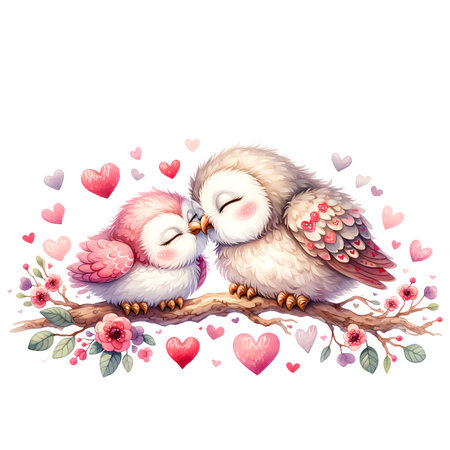 Valentine's day greeting card with cute owls and hearts illustrationの素材