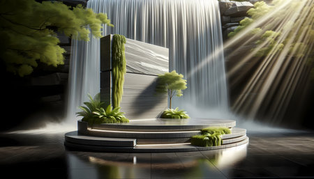 Futuristic scene with podium and waterfall. 3D rendering.の素材