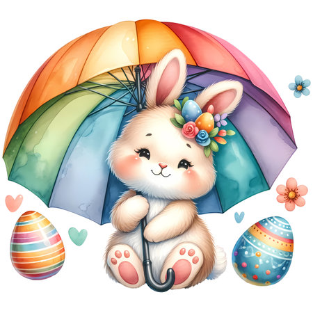 Cute rabbit with rainbow umbrella and easter eggs - illustration for childrenの素材