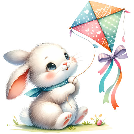 Cute cartoon bunny with a kite on a white background.の素材