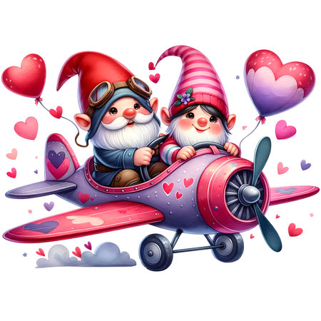 Cute cartoon santa claus and elf on a plane with heartsの素材