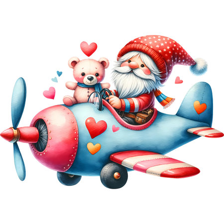 Santa Claus and bear in airplane with hearts isolated on white background.の素材