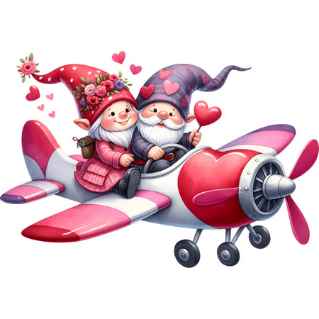 Illustration of a couple of elves on a plane with a heartの素材