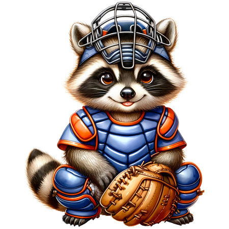 Cartoon raccoon baseball player with baseball bat. Vector illustration.の素材