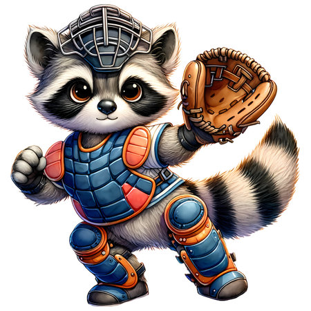 Cartoon raccoon baseball player with baseball bat. Vector illustration.の素材