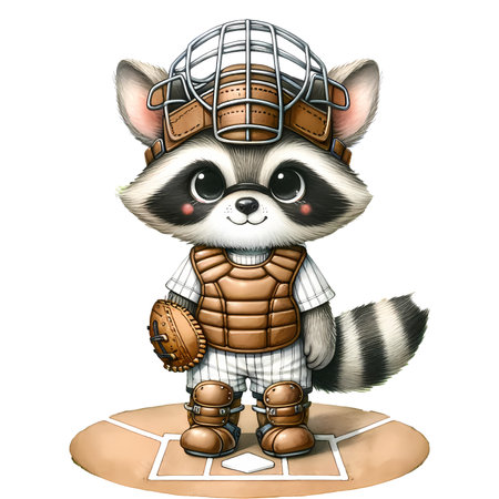 Cartoon raccoon baseball player with baseball bat. Vector illustration.の素材