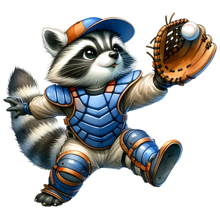 Cartoon raccoon baseball player with baseball bat. Vector illustration.の素材